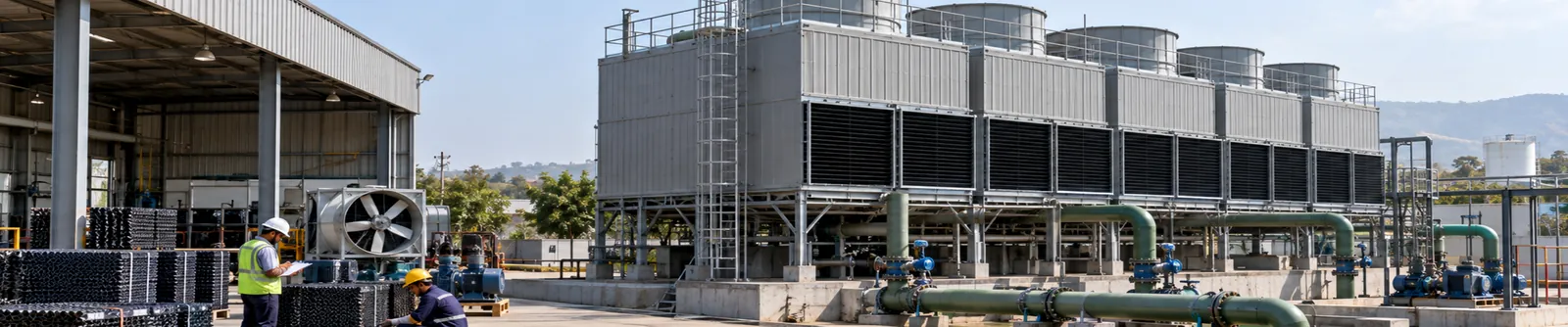 Multi-cell industrial cooling towers with technicians at a plant site