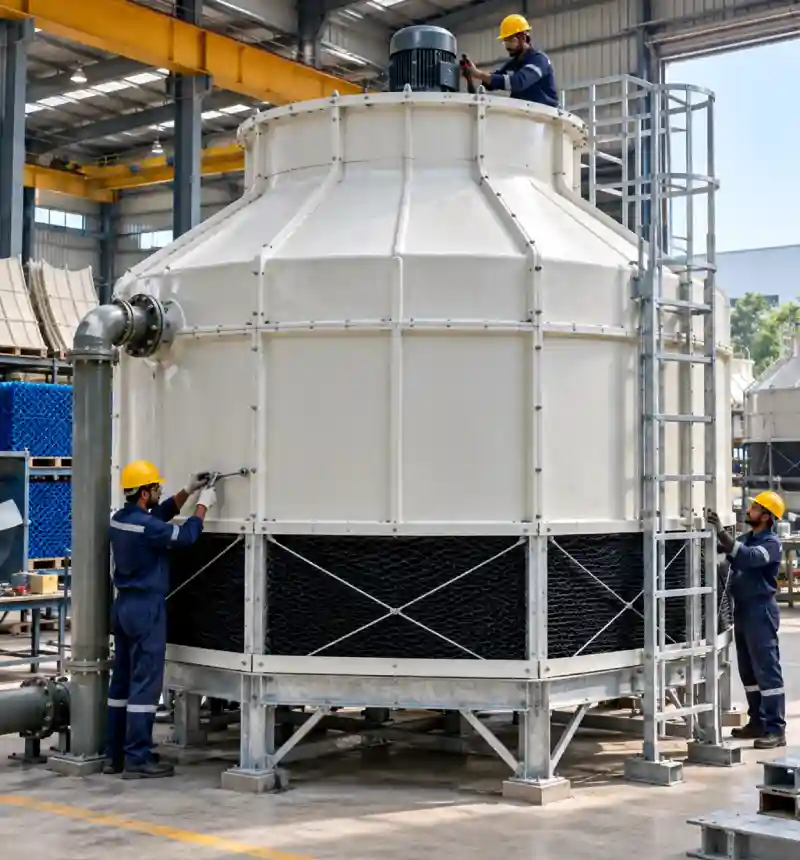 Technicians assembling a round FRP cooling tower at the SP Cooling Towers factory