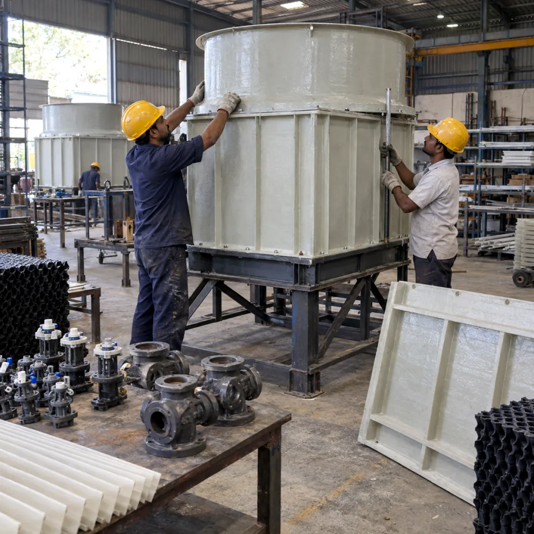 Technicians fitting an FRP cooling tower casing, with nozzles, valves and fill packs made in-house