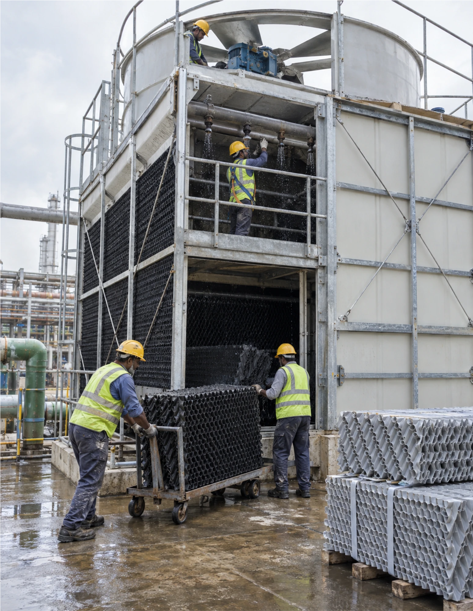 Workers replacing fill media in an industrial cooling tower