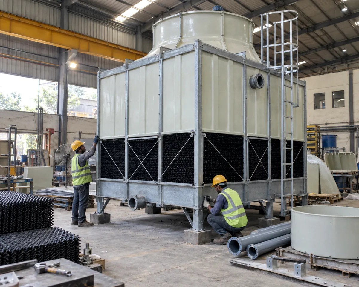 Workers assembling a square FRP cooling tower at the SP Cooling Towers factory