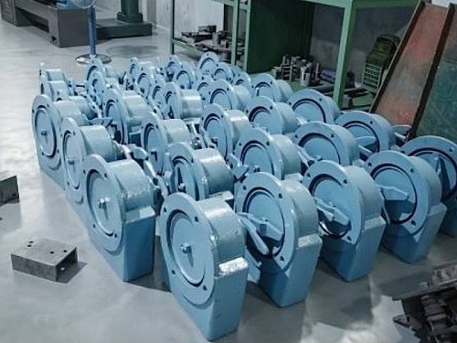 Cooling tower gearboxes lined up in the workshop