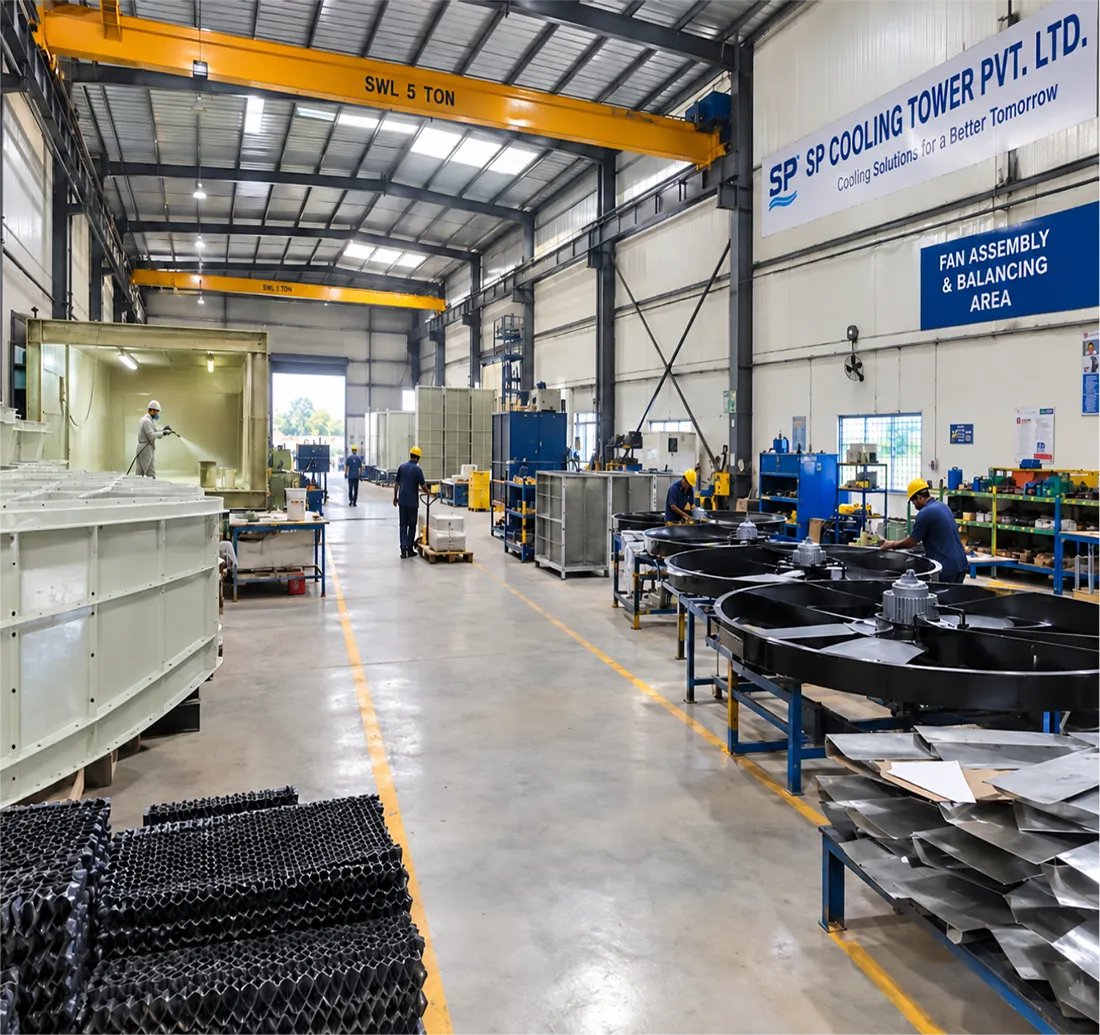 Inside the SP Cooling Towers factory: fan assembly and balancing area, FRP panels and fill packs